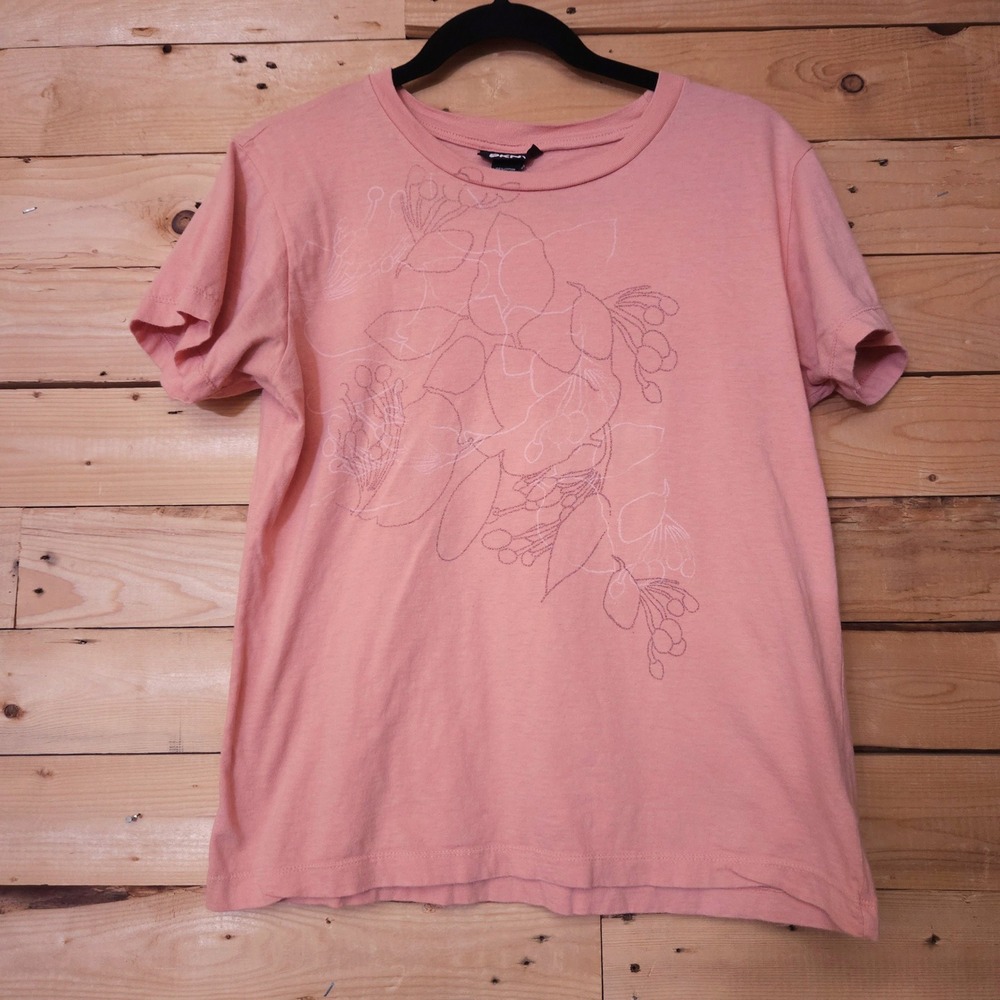 DKNY Womens Peachy Pink Floral Graphic T-Shirt Cotton Made in USA Size L